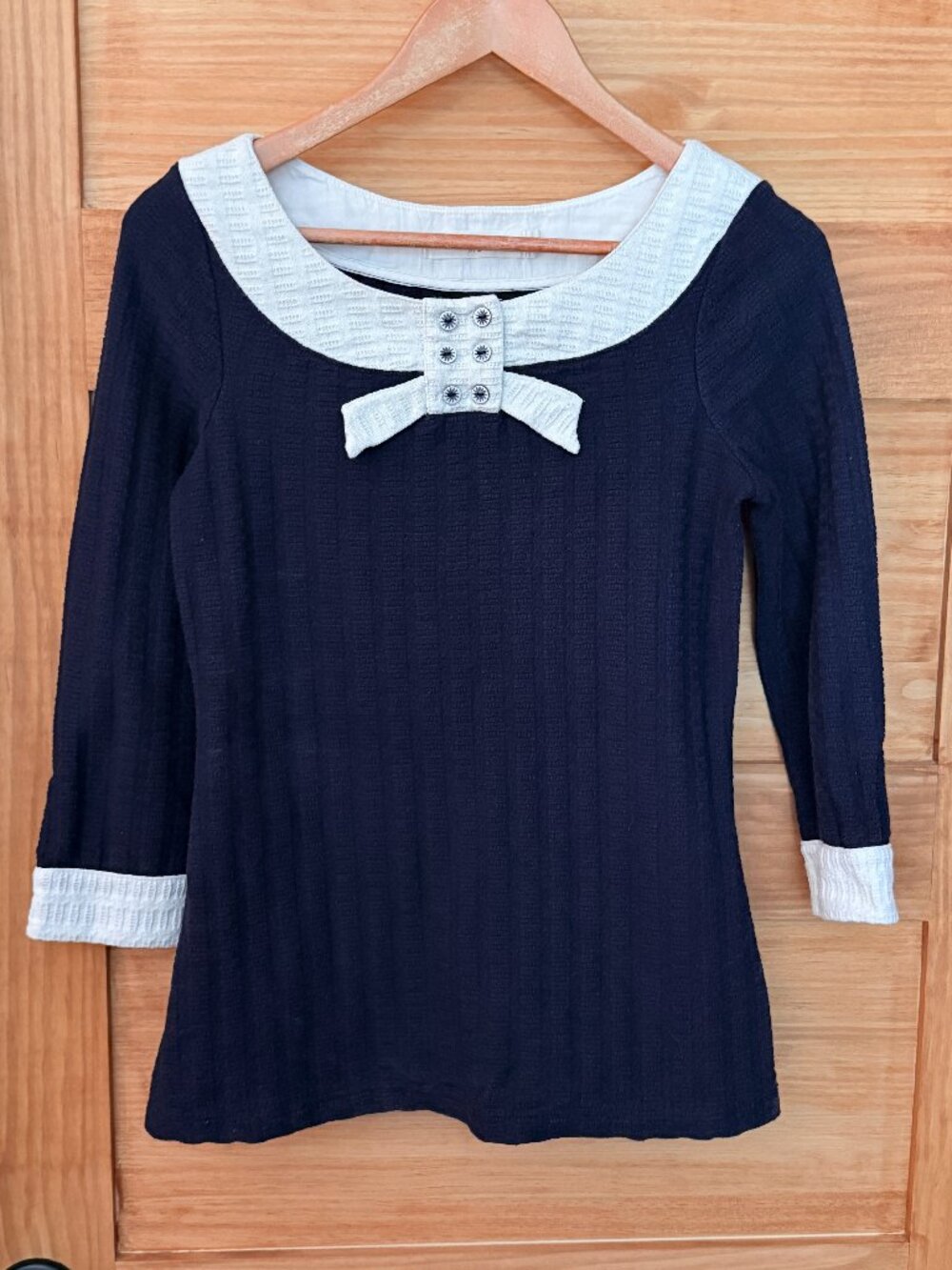 Anthropologie Pilcro &The Letterpress Navy Blue Ribbon Bow Detail Textured Top M